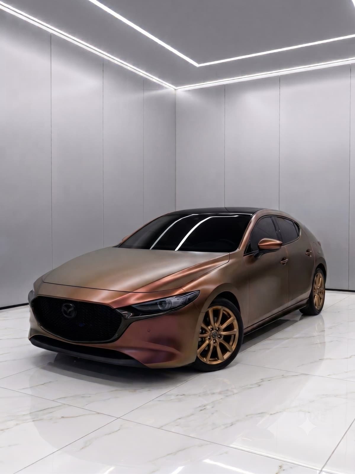 Full wrap Satin Flip Volcanic Flare en Mazda 3 Hatchback — New Gen Customs Guadalajara